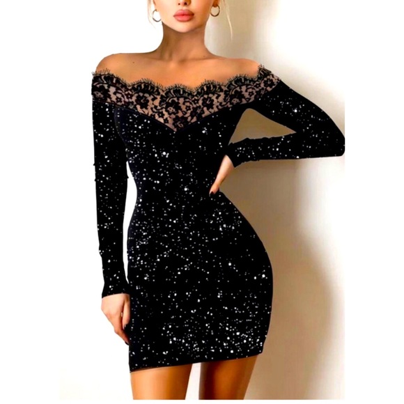 Chic Me Dresses & Skirts - HOST PICK❣️Womens Black Lace Off The Shoulder Glitter Mini Dress Sz XS